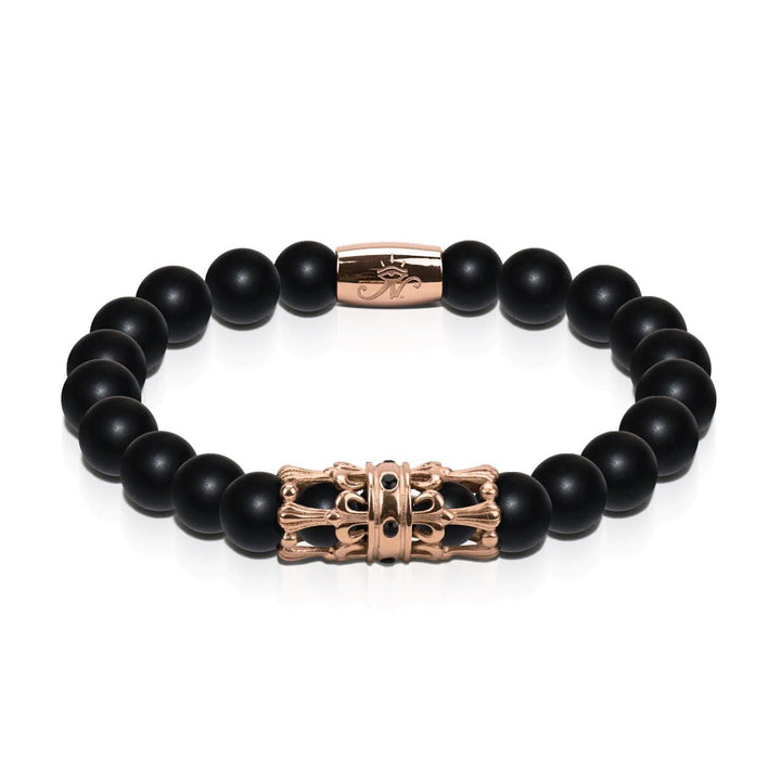 18k Rose Gold Crown | Matte Black Agate | Men's Kingdom Bead Bracelet | Engravable
